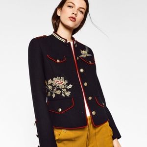 Zara Embroidered Military Jacket Mandarin Collar